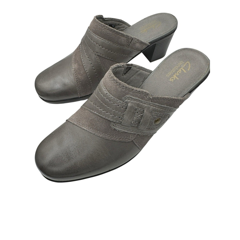 Clarks Bendables Leather Mule Clogs Gray Womens Slip On Comfort Heels 7.5